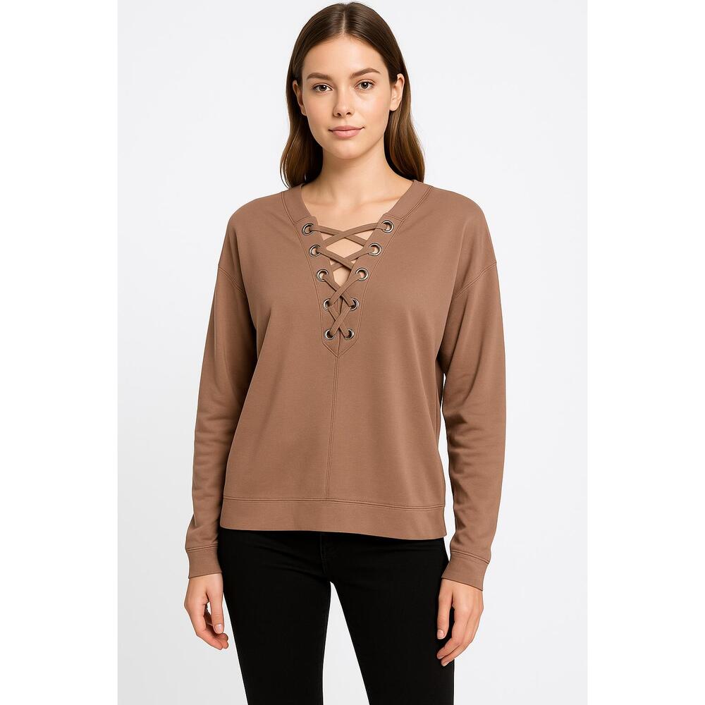 Favlux Sweatshirt Womens Size Small Brown LaceUp Grommet Long Sleeve Edgy Modern